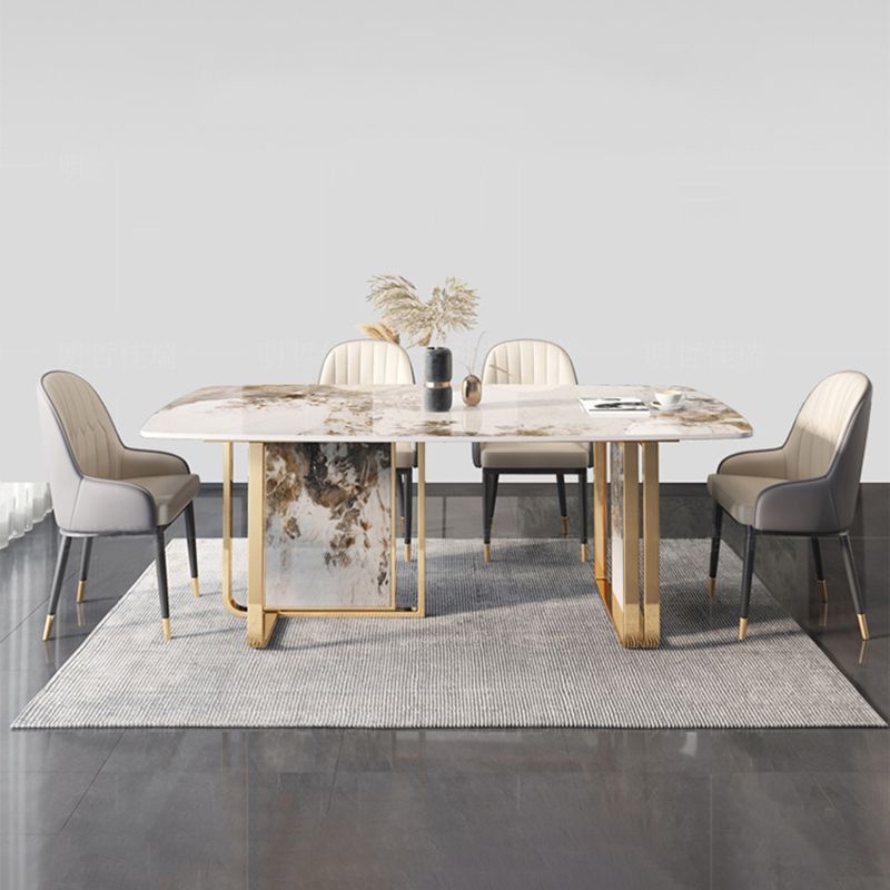 Glam Rectangle Stone Dining Table Metal Bases for Living Room