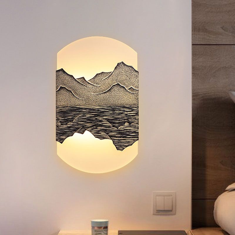 Fan/Oval Corridor Mountain Wall Mural Light Acrylic LED Oriental Style Wall Mount Light Fixture in Silver/Brown