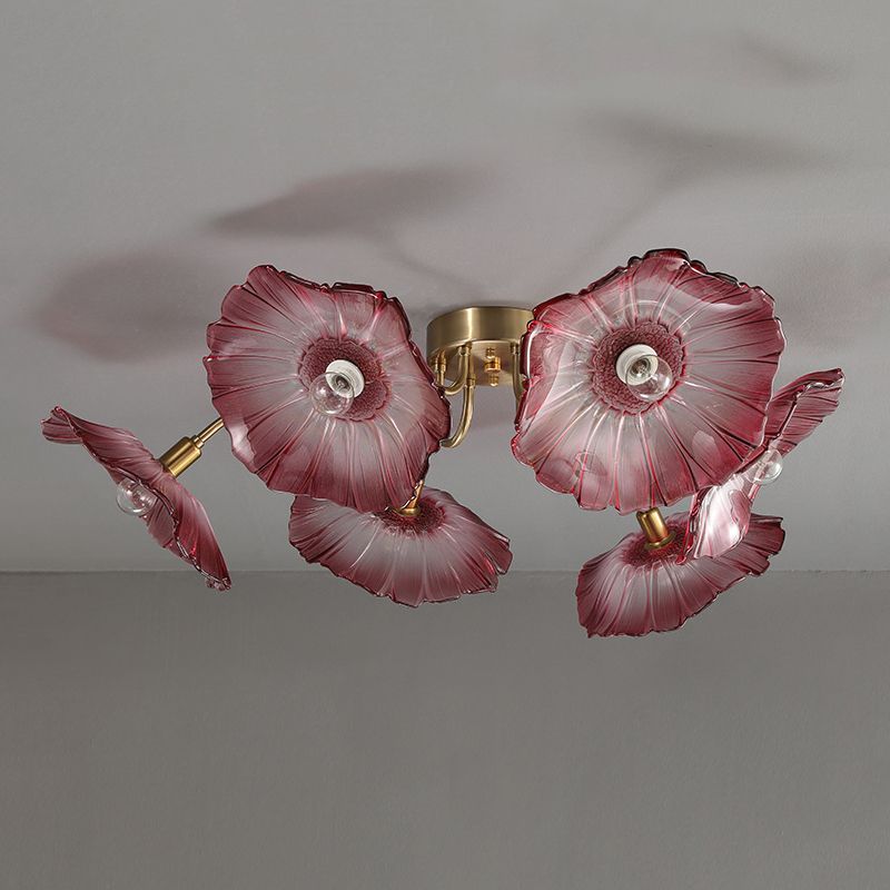 Lámpara de semi rascijada de metal dorado iluminación de techo de flores múltiples modernas con sombra de vidrio