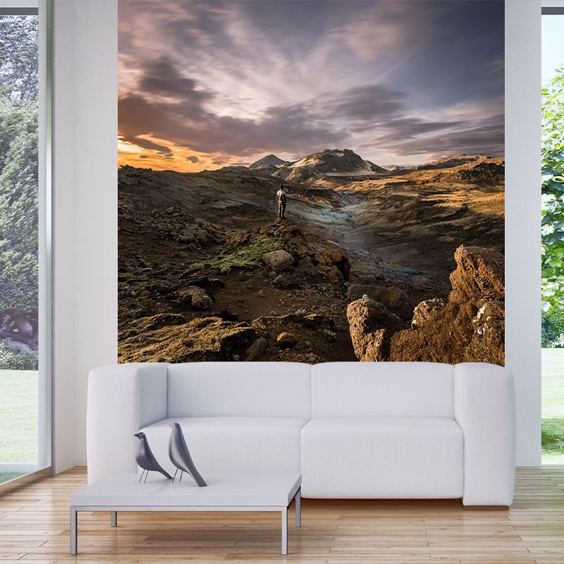 Large Scenery Wall Mural Modern Stunning Man by the Dried River Wall Decor in Brown
