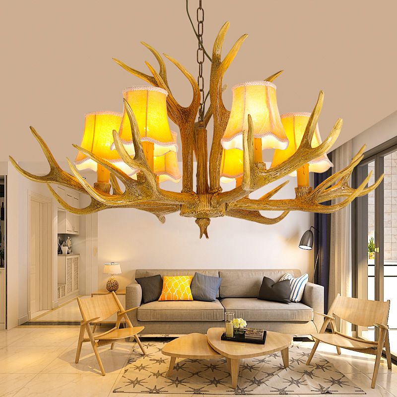 Lampada per goccia di soggiorno conico Resina tradizionale 3/4/5 Bulbi lampadario marrone Luce a sospensione con corna