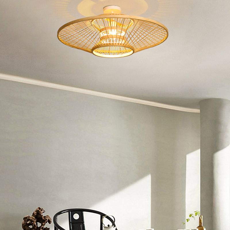 Round Shape Ceiling Lamp Asian Style Rattan 1 Light Flush Mount for Living Room