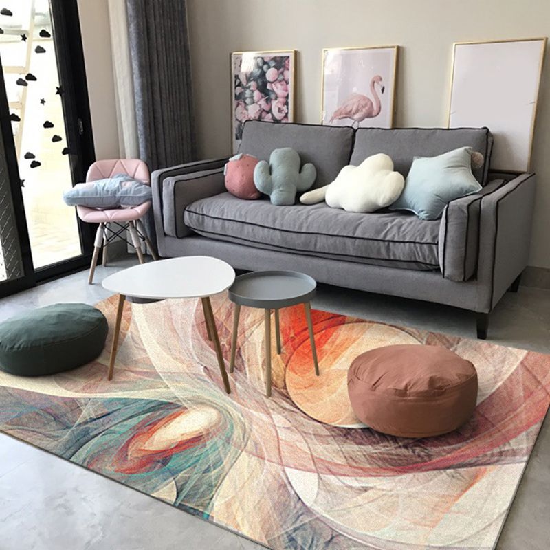 Apricot and Green Novelty Rug Polyester Abstract Rug Washable Non-Slip Backing Carpet for Living Room