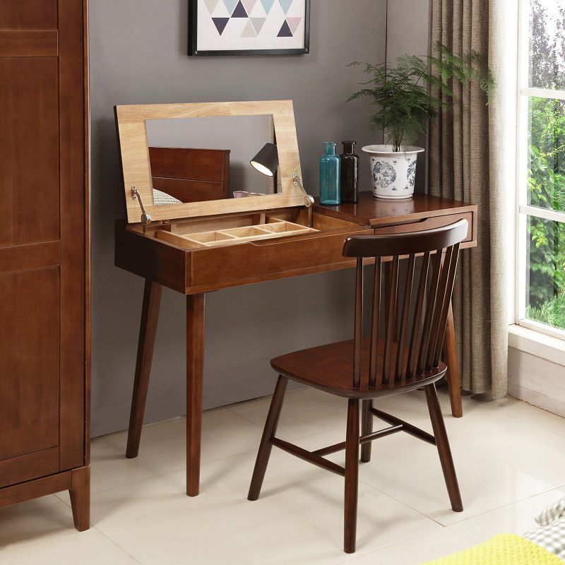 Scandinavian Wood Dressing Table Mirrored Makeup Vanity Stool Set