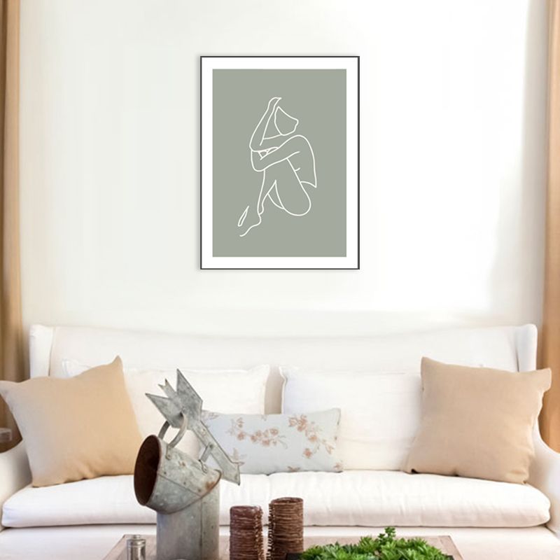 Minimalism Line Drawing Woman Canvas Green-White Textured Wall Art Print for Room