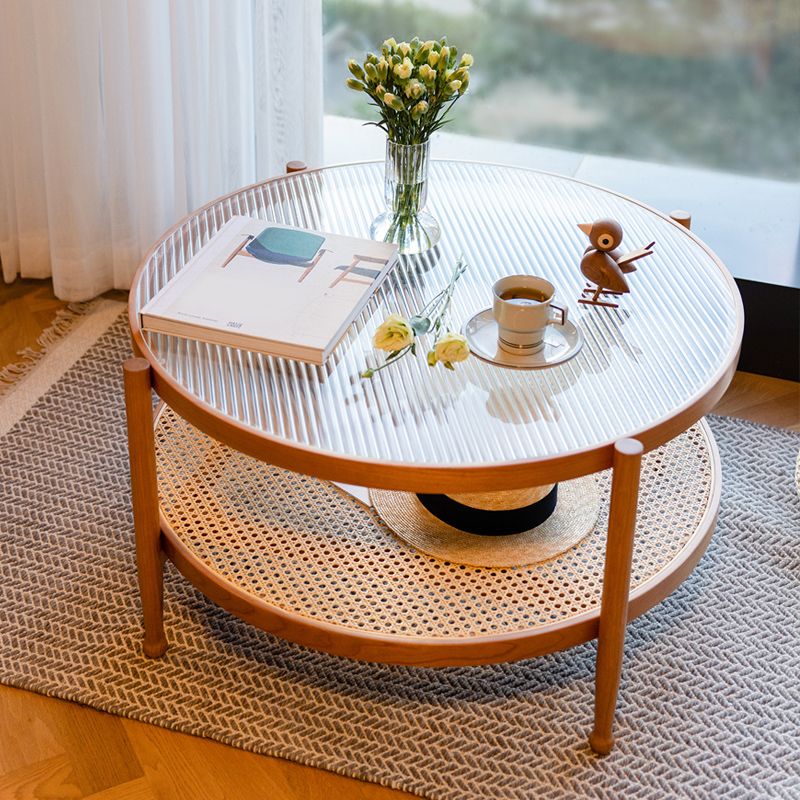 Modern Wood 4 Legs 1 Coffee Table with Shelf Round Glass Table