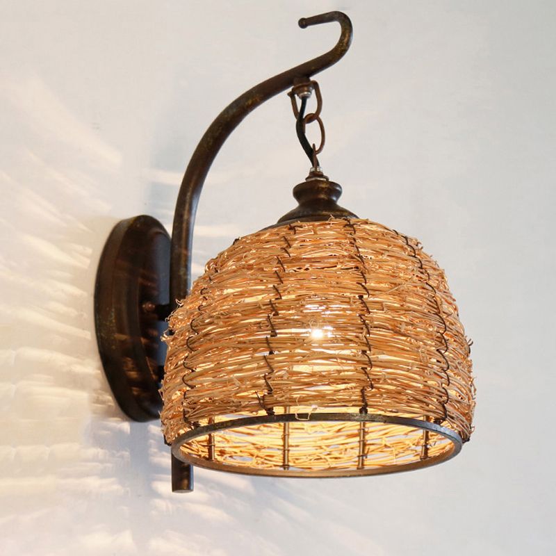 Single Restaurant Wall Light Chinese Style Wall Hanging Lamp with Woven Bamboo Shade