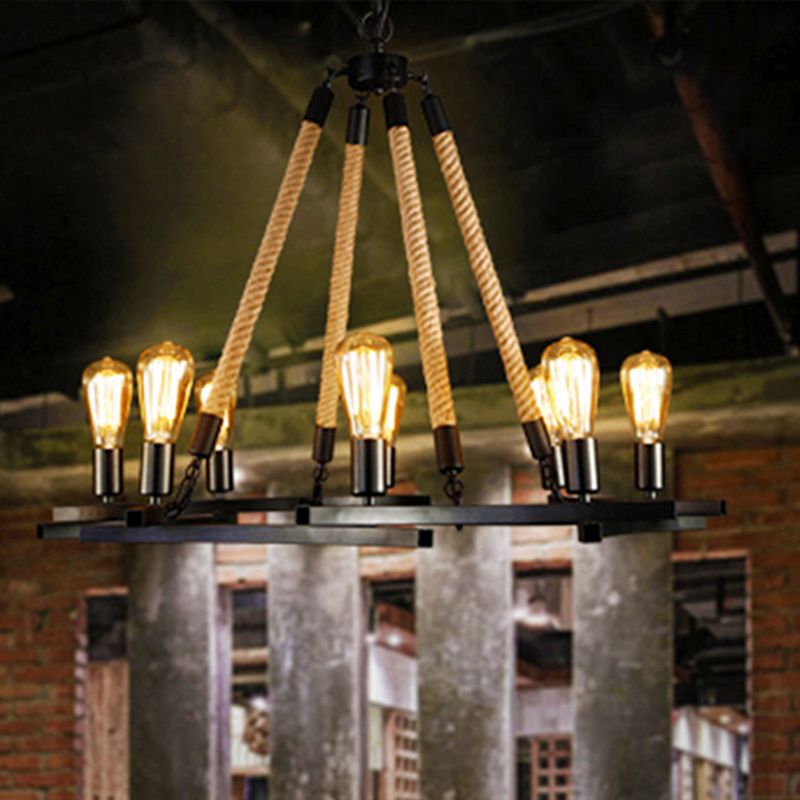 Lámpara de techo de metal redonda Candelera colgante de comedor tradicional de 8 bombas en negro