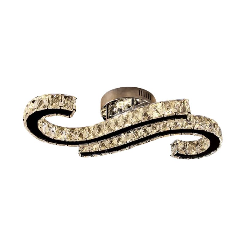 Hook LED Semi Mount Lighting Minimalist Faceted Crystal Stainless-Steel Ceiling Flush in Warm/White Light