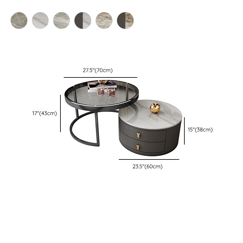 No Distressing Stone Coffee Table Frame Round Nesting Coffee Table Set with 2 Drawers