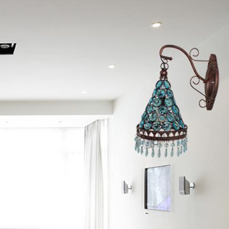 1 Bulb Metal Wall Lamp Art Deco Yellow/Blue/Purple Tapered Dining Room Wall Mounted Lighting with Dangling Glass