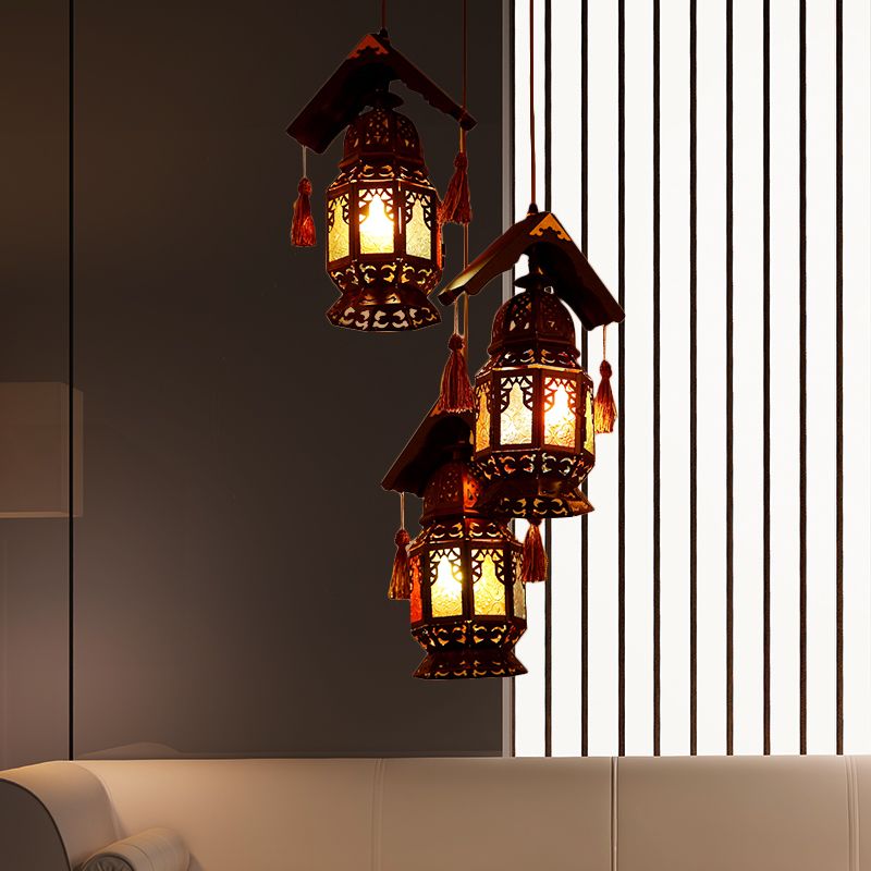 Lantern Metallic Kronleuchter Lampe Dekorative 3 Köpfe Wohnzimmer Hängende Leuchte in Bronze mit Holzdach