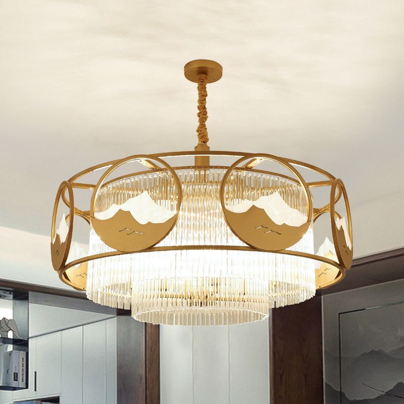 Square/Round Crystal Rods Drop Lamp Traditional 8 Lights Sitting Room Chandelier with Gold Frame