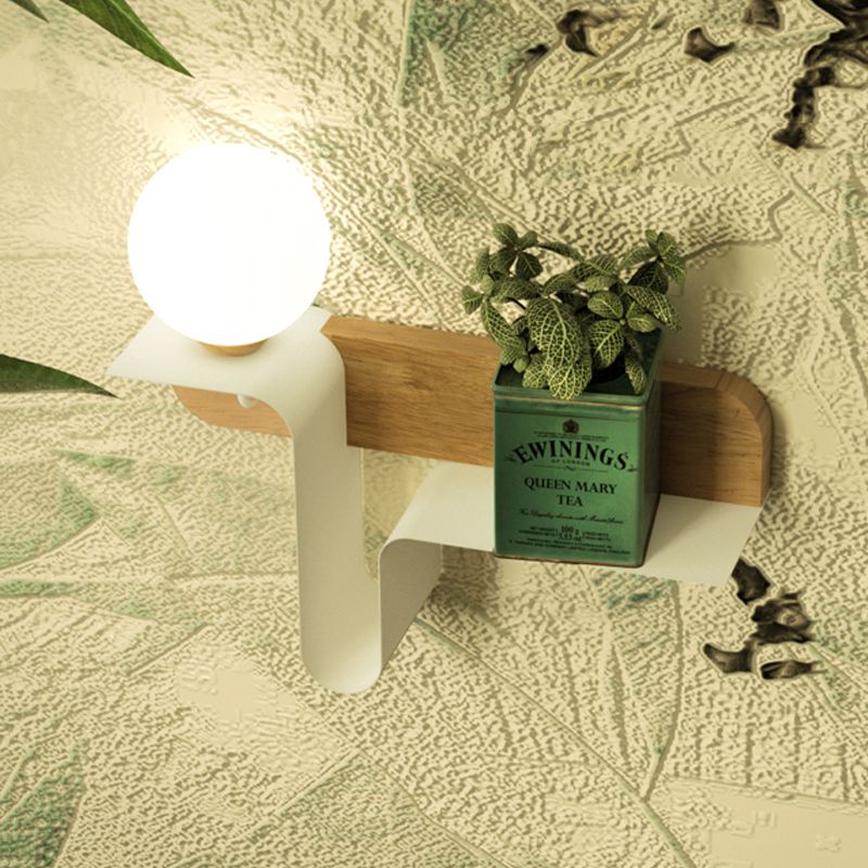 Orb Opal Frosted Glass Sconce Ideas Nordic 1 Bulb White-Wood Wall Mounted Lamp with Shelf, Left/Right