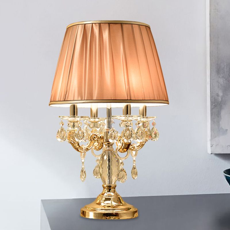 Metal Candelabra Shaded Table Light Traditional 4 Heads Sleeping Room Nightstand Lamp in Gold with Crystal Raindrops