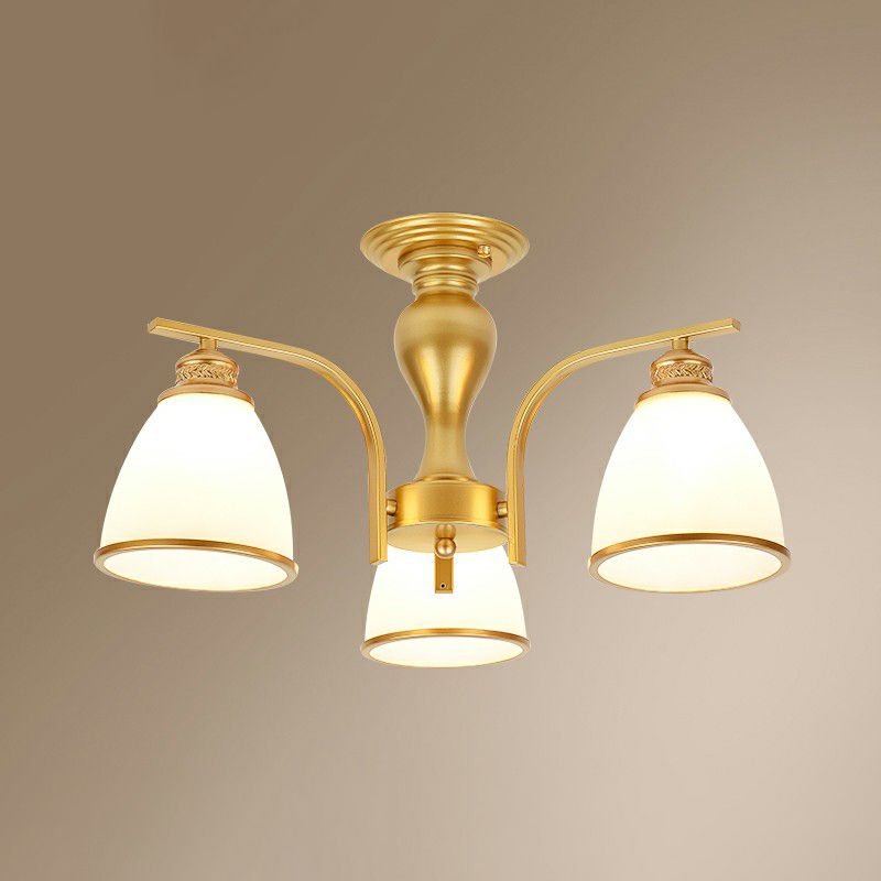 Goud afwerking bell semi spoel kroonluchter traditionele opaalglazen slaapkamer plafond gemonteerd licht