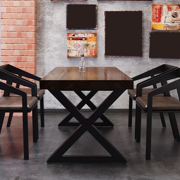 Industrial Style Dining Table Solid Wood Rectangle Table with Metal Base