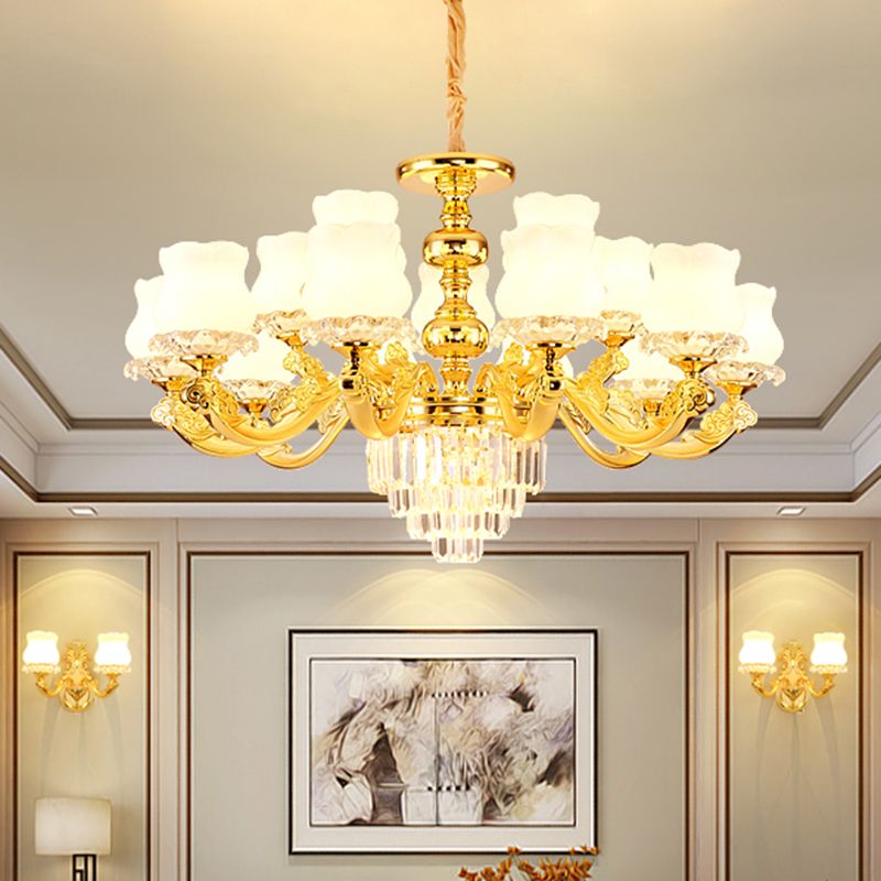 Retro Style Bud Suspension Light Cream Glass Chandelier Light with Layered Crystal Decor in Gold