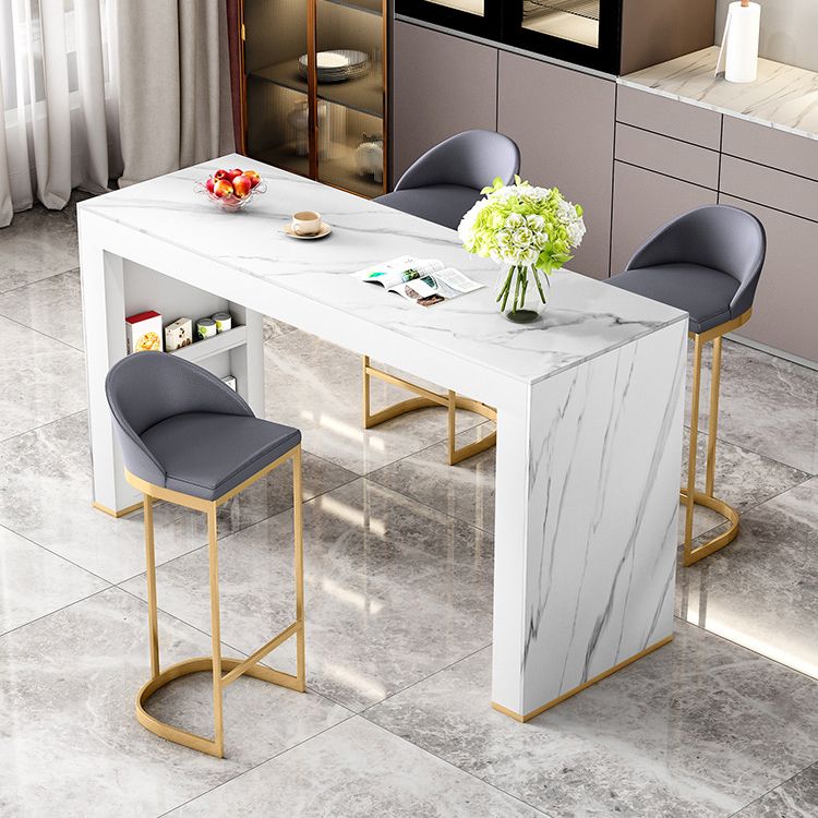 Glossy White Stone Bistro Table with Double Pedestal Contemporary Pub Table for Home
