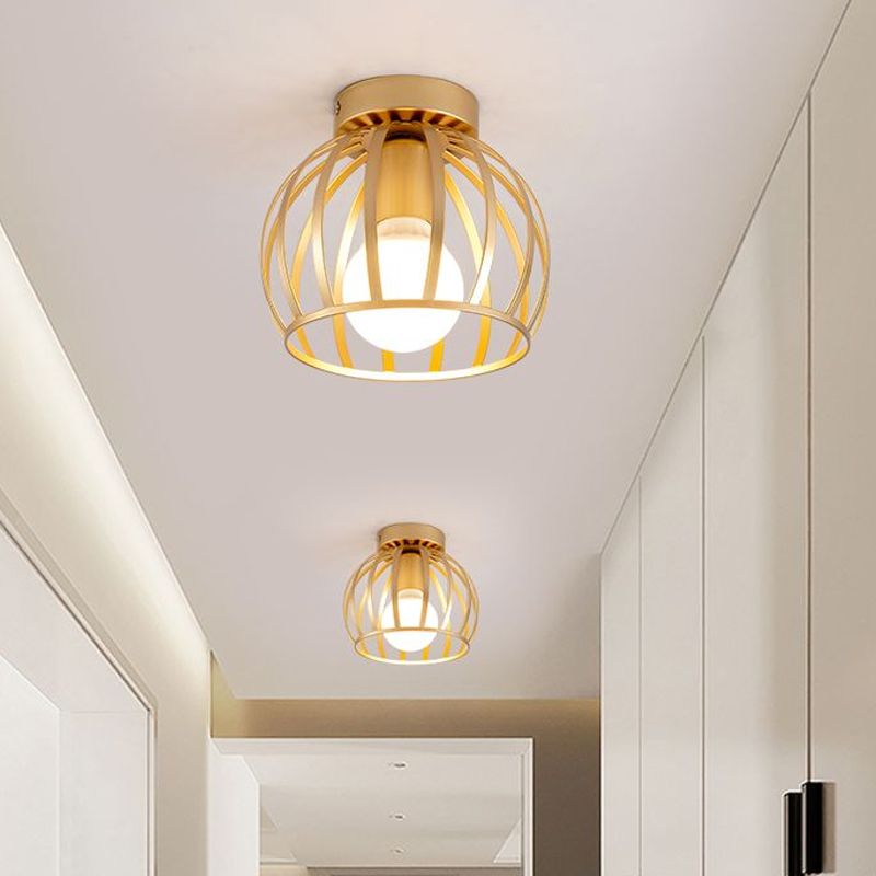 Black/Gold Metal Cage Ceiling Mounted Light Minimalism 1 Light Flushmount Lighting for Corridor