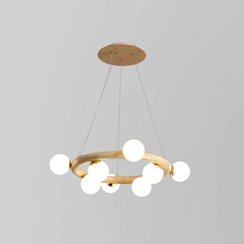 Circular Wooden Pendant Chandelier Minimalism Beige Hanging Light with Orb White Glass Shade