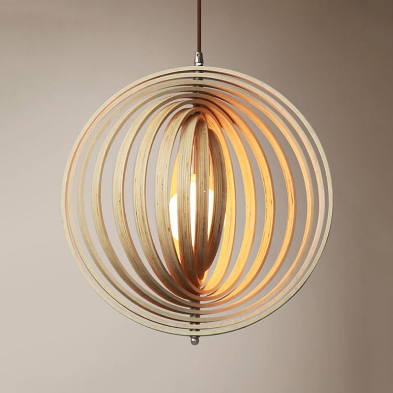 Rotatable Sphere Pendant Light Kit Asian Stylish Wood 1 Light 16"/19.5" Wide Beige Hanging Light Fixture
