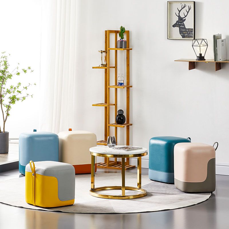 Modern Square Pouf Fade Resistant Contrast Color Faux Leather Pouf Ottoman