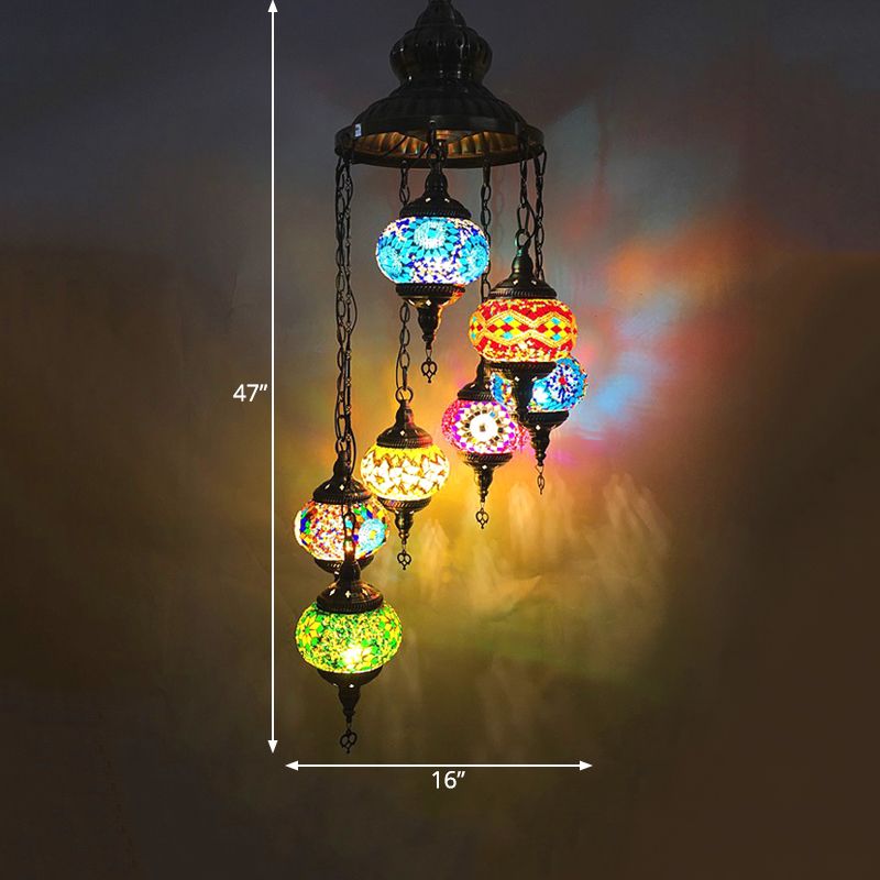 Oval Hand Cut Glass Suspension Lighting Vintage 7 Heads Bedroom Pendant Chandelier in Blue