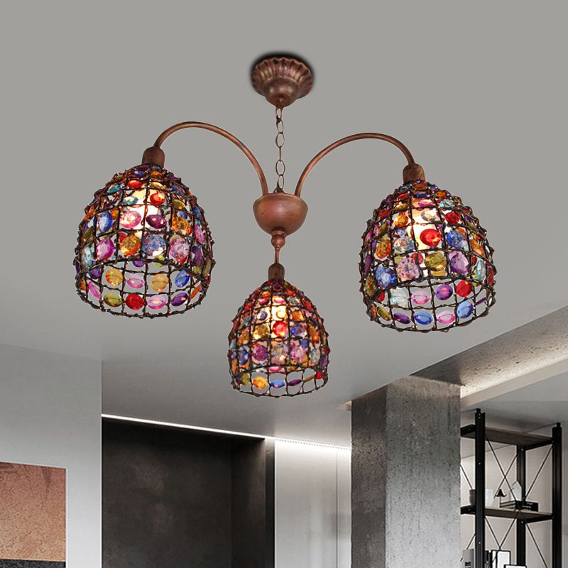 Traditional Dome Chandelier Lighting Fixture 3 Heads Metal Drop Pendant in Bronze for Bedroom