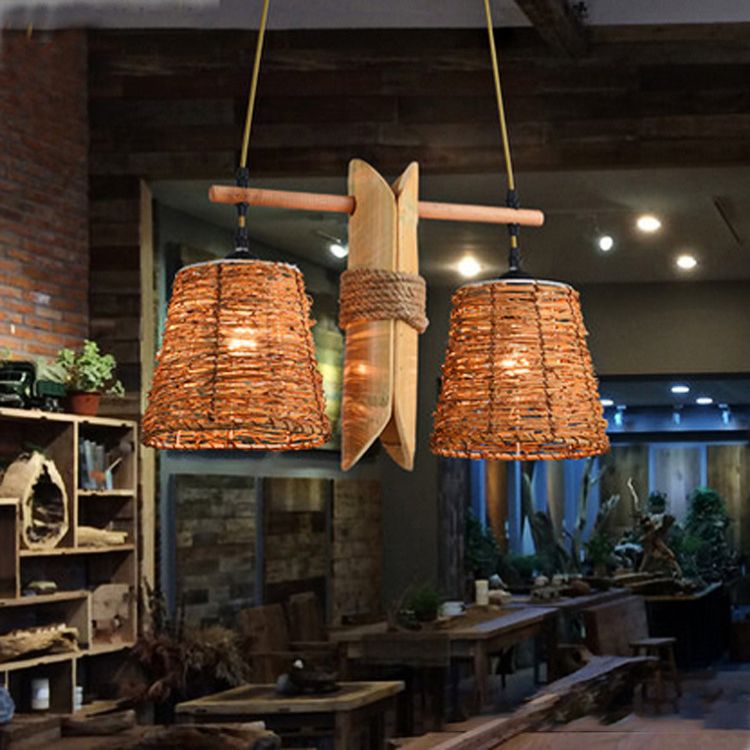 Rope Barrel Hanging Chandelier Farmhouse 2 Lights Restaurant Pendant Lamp in Beige with Bamboo Panel Deco