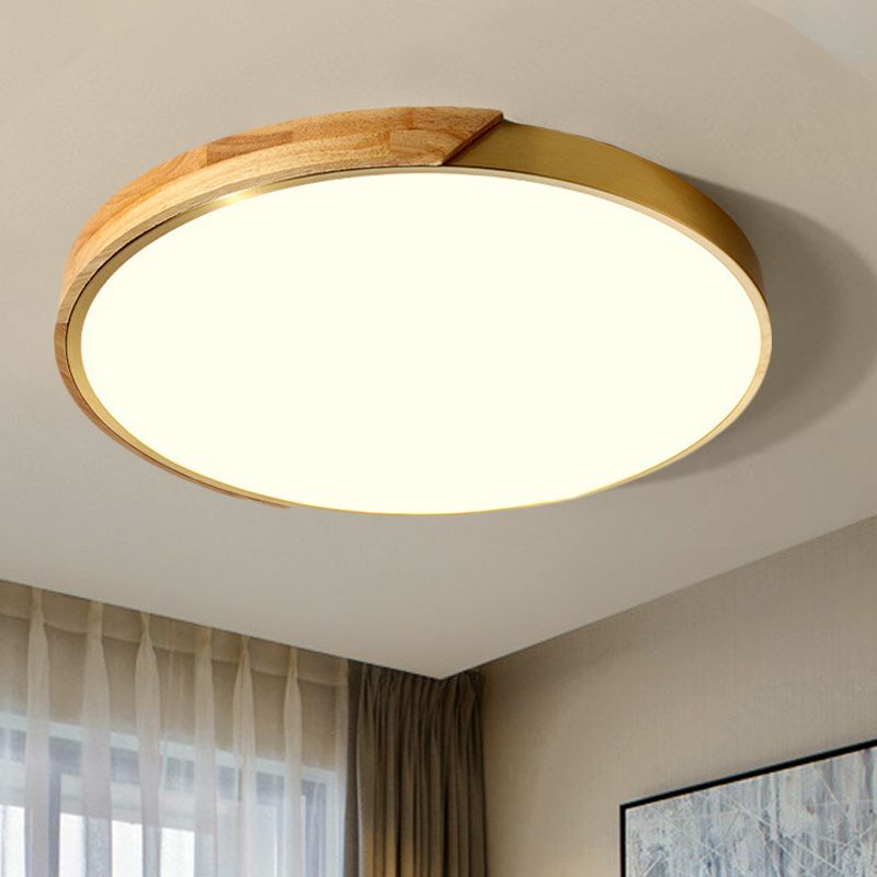 Drum Ceiling Lighting Simplicity Metal LED Wood Flush Mount Light Fixture in White/Warm Light, 12"/16" Wide