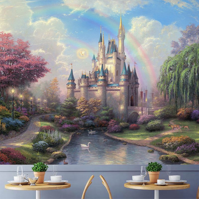 Classic Castle Painting Wall Murals for Living Room Customized Wall Art in Green-Pink-Blue