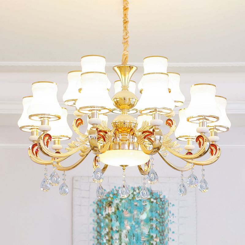 White Glass Bud Ceiling Lighting Traditional Living Room Chandelier Light Fixture with Crystal Draping