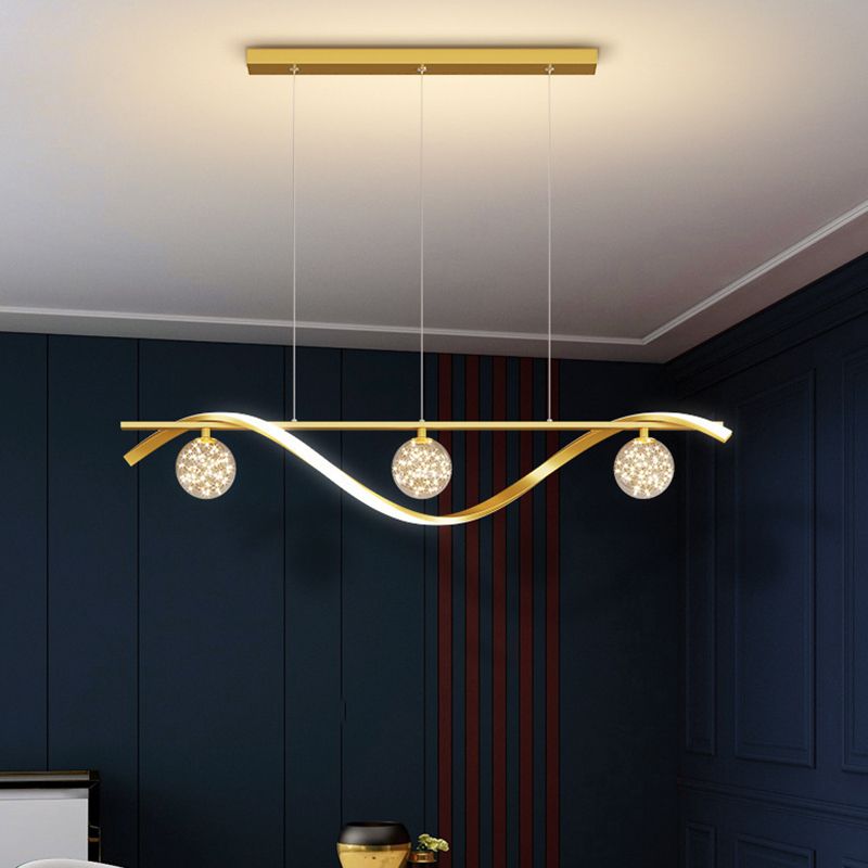 Modern LED Linear Ceiling Pendant in Black / Gold Metal and Glass Kitchen Island Light