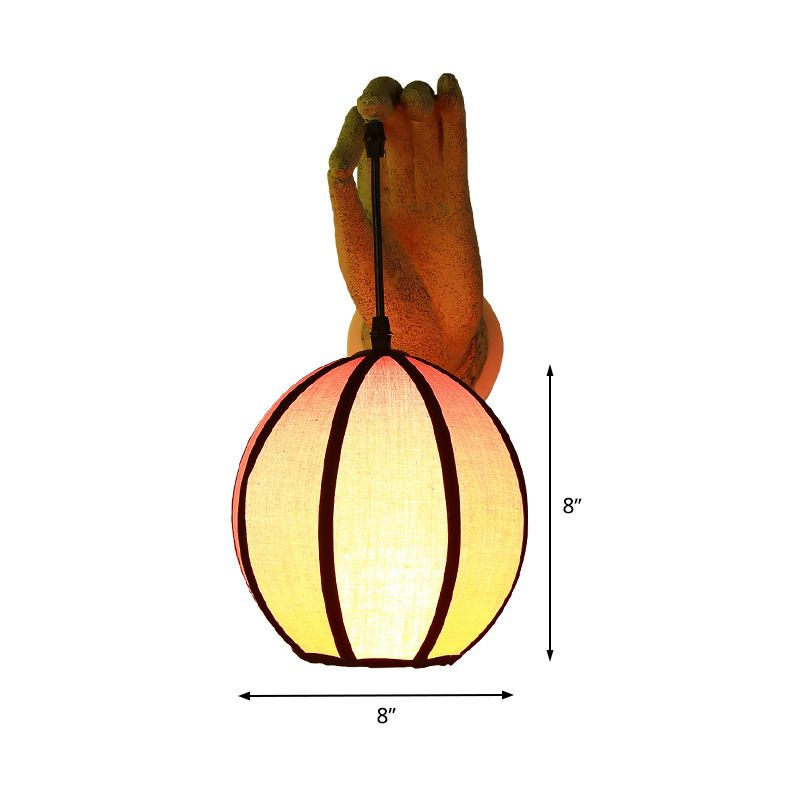 Red Global Wall Light Sconce Asian Style Single Head Fabric Wall Lamp Fixture with Resin Hand Backplate for Restaurant