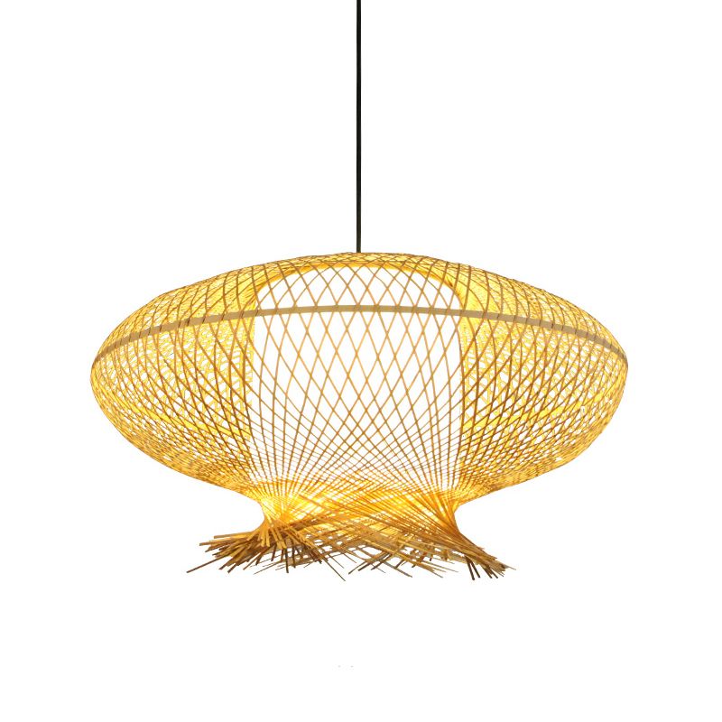 Oval Pendant Lamp Asia Bamboo 1 Bulb Khaki Ceiling Hanging Light with Inner Cylinder White Shade