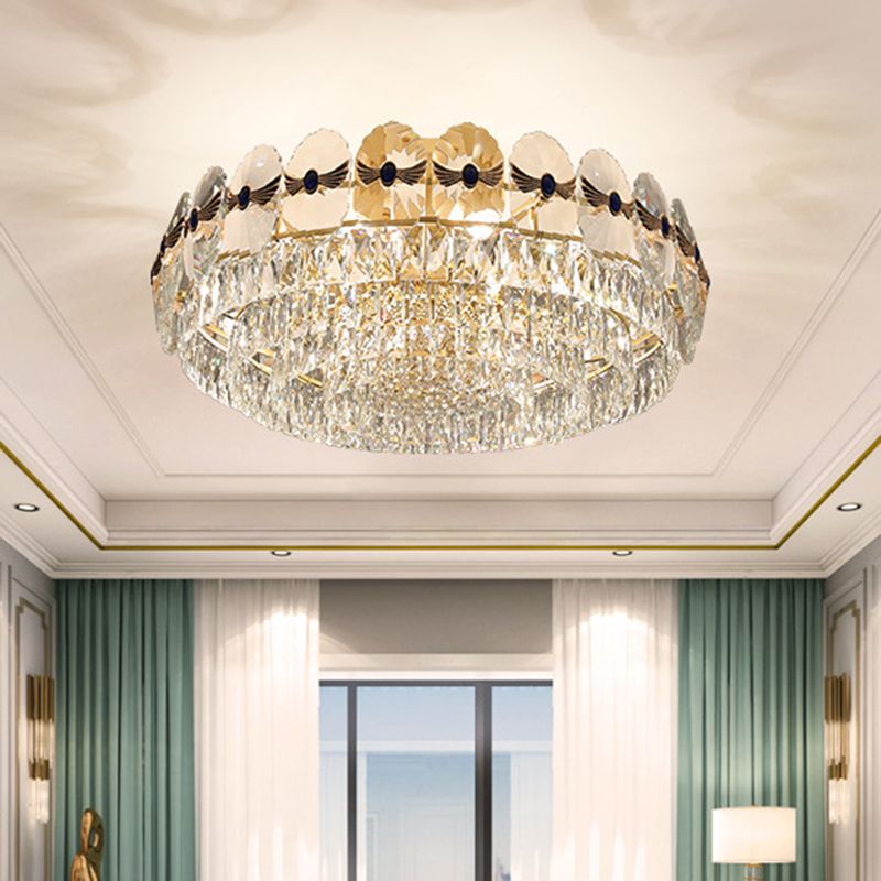 Tiered Semi Flush Light Artistic Beveled Crystal Living Room Flush Ceiling Light Fixture in Gold