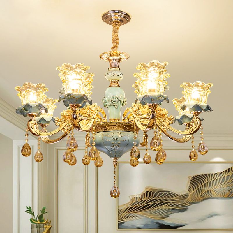Handblown Glass Blue Chandelier Light Ruffle Flower Retro Pendant Light with Crystal Draping