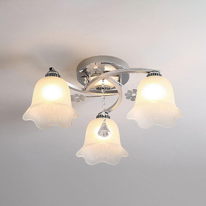 3 Bulbs Bedroom Semi Flush Modernist Chrome Finish Spiral Flush Mount with Lotus Opal Glass Shade