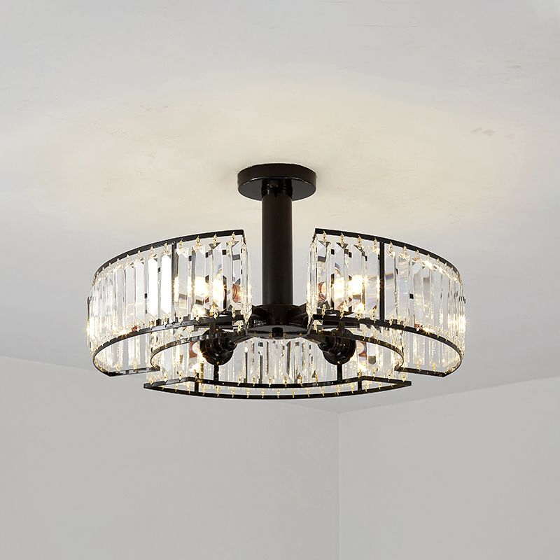 Crystal Block Drum Shade Semi Mount Lighting Vintage 6 Heads Close to Ceiling Lighting in Black