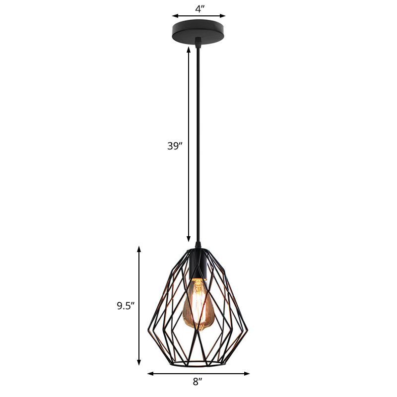 Diamond Cage Metal Pendant Light Industrial 1 Light Dining Room Ceiling Fixture in Black Finish