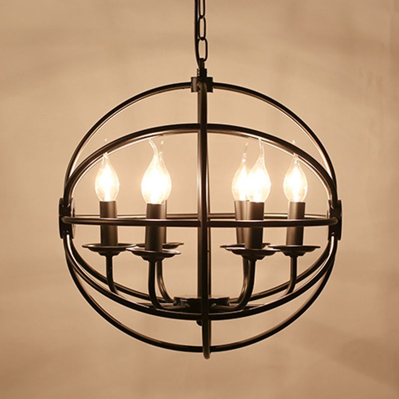 6-Licht-Metallhänge Kronleuchter industrieller schwarzer Kerzen-Esszimmer-Anhängerleuchte mit Globe Design