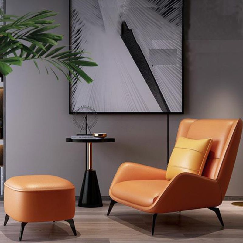 Modern Pillow Back Chair Genuine Leather Upholstered ArmChair in Orange
