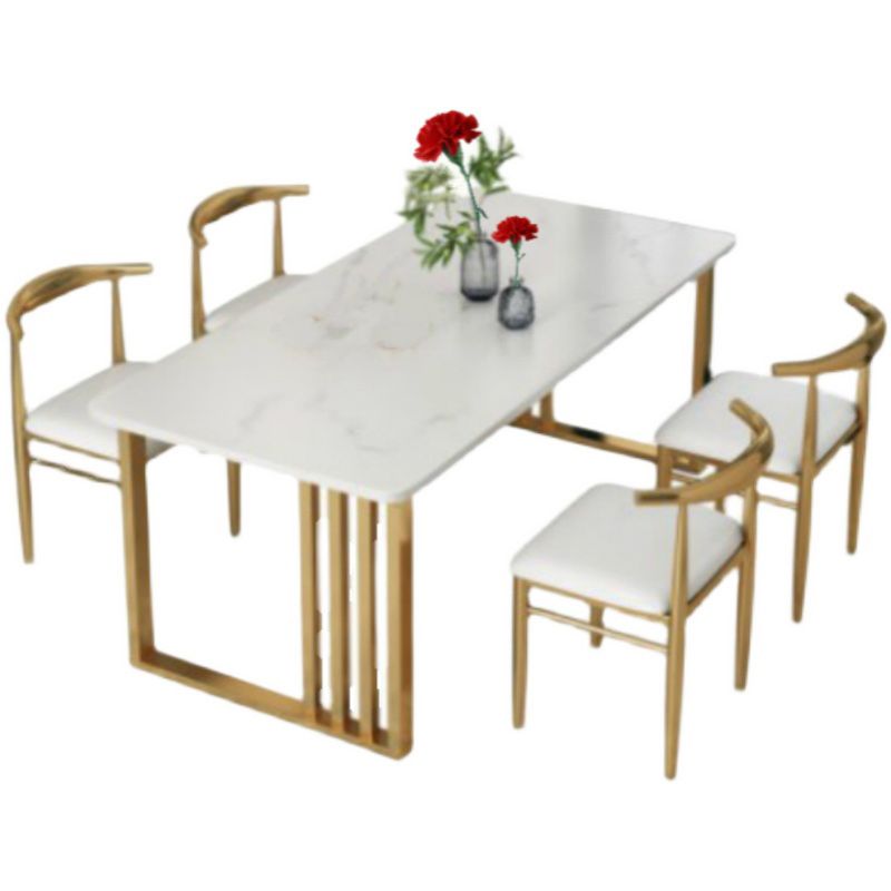 Glam Stone Dining Table Rectangle Iron Table with Double Pedestal Table