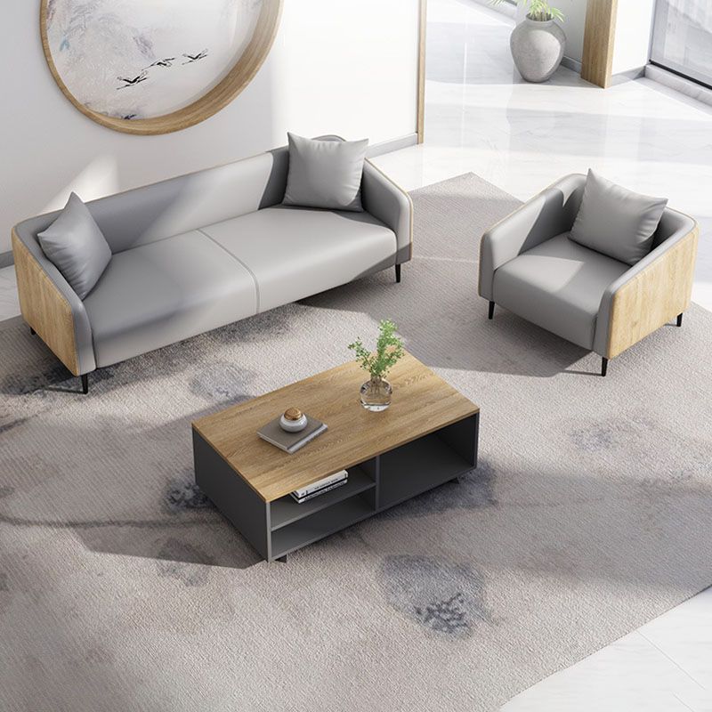 Modernism Faux Leather Sofa Tuxedo Arm Sofa with Wood Grain Accent