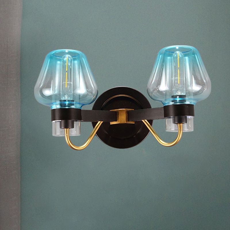 Lámpara de pared de vidrio azul de champiñones Moderno 2 bombillas Luz de apliques de dormitorio en negro