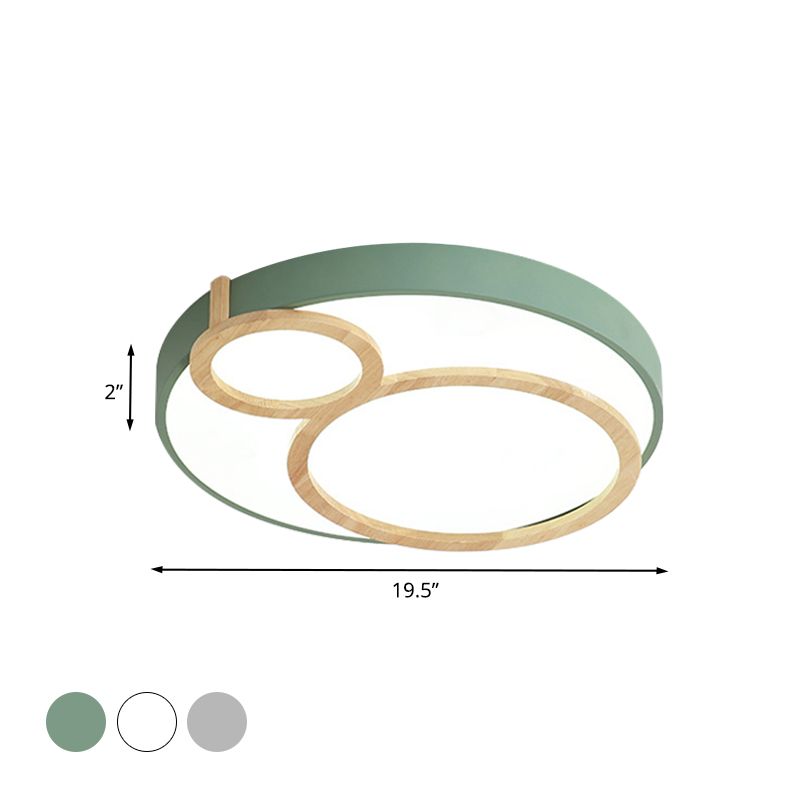 Circular Flush Mounted Light Fixture Macaron Acrylic White/Green/Grey and Wood LED Flush Lamp Fixture