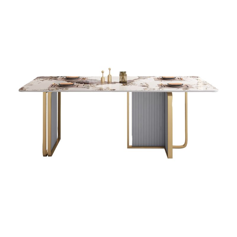 Modern Sintered Stone Table Set for 4/6 with Rectangle Table Dining Set with Gold Double Pedestal