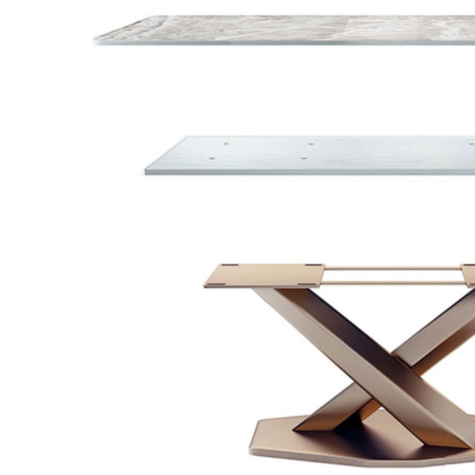Luxury Rectangular White Stone Top Dining Table with Gold Metal X-Base