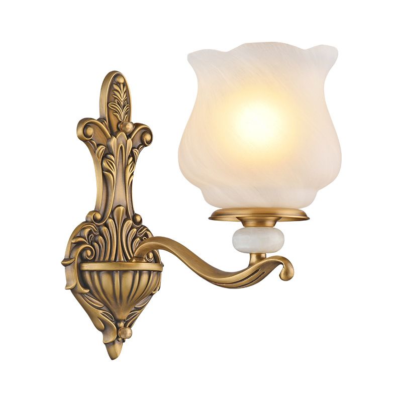 1/2-Head Wall Sconce Lighting Traditional Style Petal Shade Frosted Glass Wall Mounted Lamp in Brass